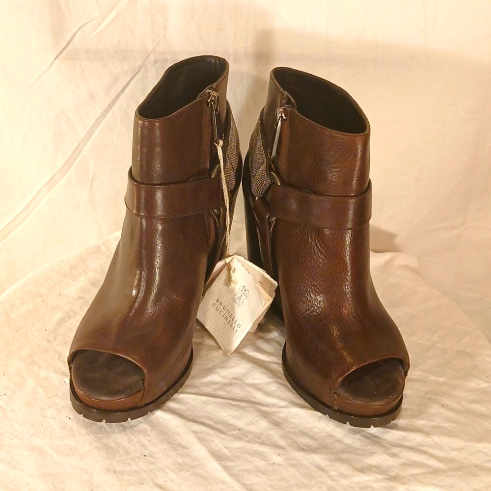 Brunello Cucinelli Brown Leather Peep-Toe Ankle Booties